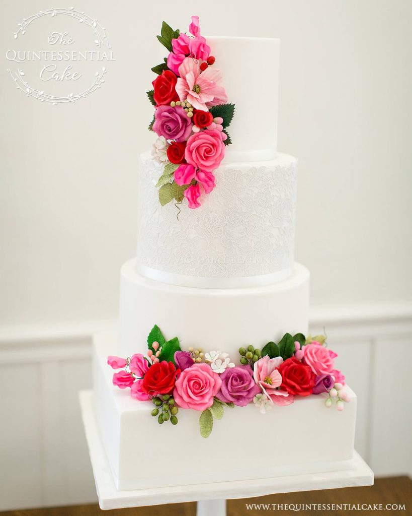 Romantic Wedding Cake Featuring Sugar Lace With Pink Red Sugar